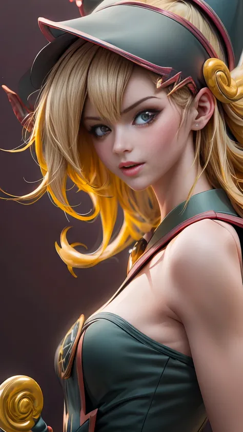 (8K,Photorealistic　Raw Photography　of the highest quality;1.4) 　(1 girl in)　super beauty　(realistic face)　Female body 　(Blonde with long curls)　Hold a black and red magic wand　combat scene　Magic hat with black and gold exterior.　Beautiful expression　dazzli...