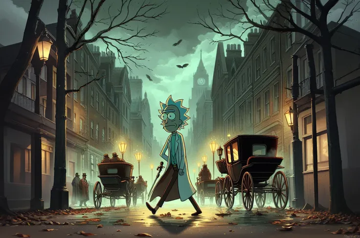 Rick Sanchez in gloomy Victorian London autumn 