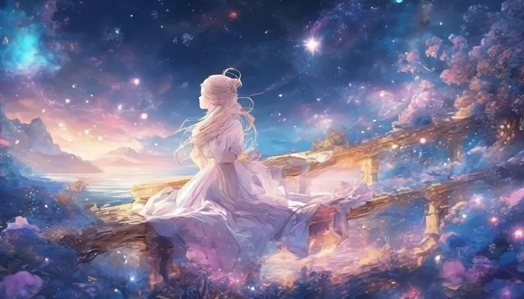 a woman dreaming in a beautiful galaxy,soft and surreal colors,(best quality,4k,high-res:1.2),ultra-detailed,impressionistic sty...