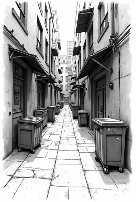 Make a visual sketch without colors of alley behind restaurant 