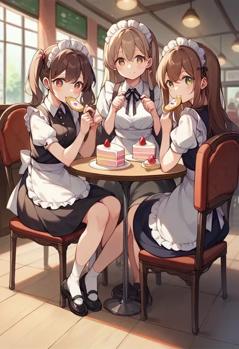 A girl with long brown hair and twin tails、Wearing a maid outfit、(There are four girls with multiple partners.)、Maid cafe interior background、(Full body image、(Be aware of cute Japanese girls)、Cute table and chairs、Girls sitting on chairs and eating cake