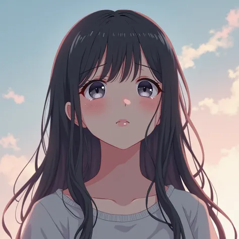 Create me an image of an anime girl lying down looking at the sky with tears in her eyes 