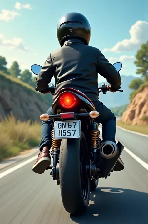 Boy on a GN 125 motorcycle ,with helmet and black jacket,the boy with his back facing forward and seeing the road ,the motorcycle with license plate and exhaust pipe 