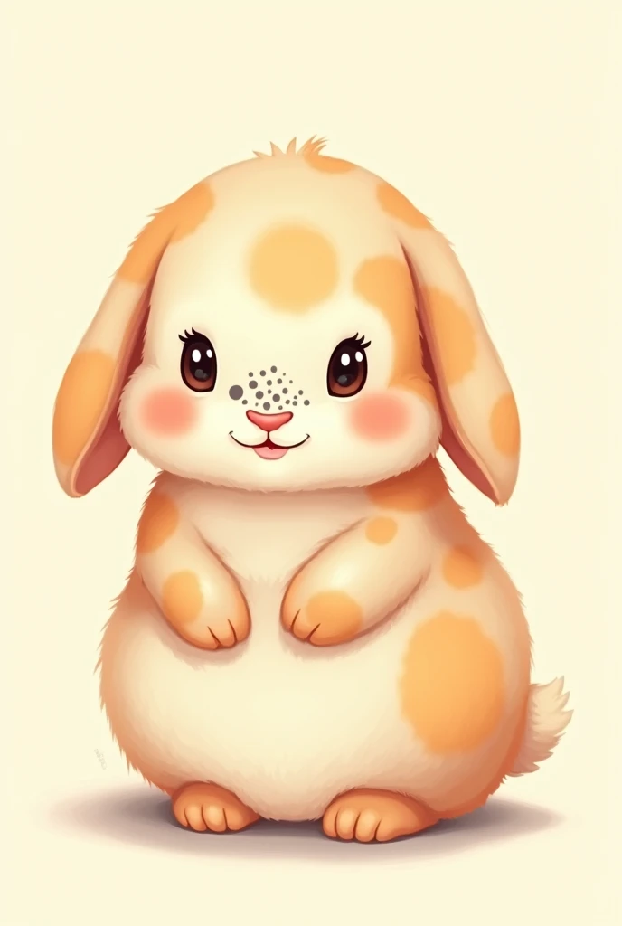 I want an illustration of a lop-eared bunny, with beige and orange spots with white and darker spots on his nose