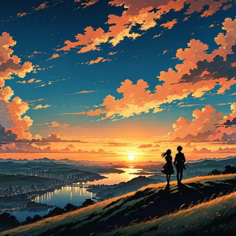 silhouette of people standing on a hill with a sunset in the background, watching the sun set. anime, beautiful anime scene, anime sky, 4 k manga wallpaper, anime scene, sunset illustration, anime atmospheric, nostalgic melancholic artwork, sky line, anime...