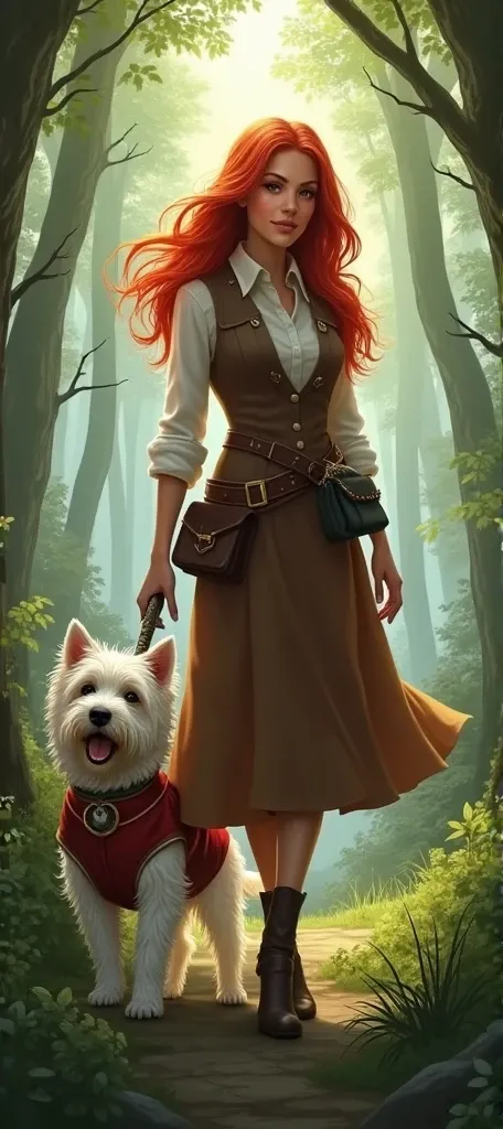 draw a woman with red hair mid and skirt with vest brown  dog westie with costume hero , background in nature and forrest