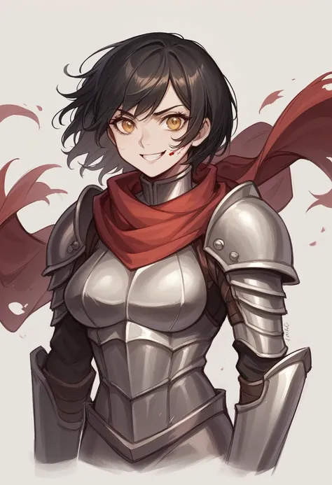 (realistic,painting_style,)drawn a young woman, of average and athletic build, slightly muscular, short black hair, amber eyes almost golden, she wears light armor, a blood red scarf, a large and massive Berserker sword, she is afraid of nothing and no one...