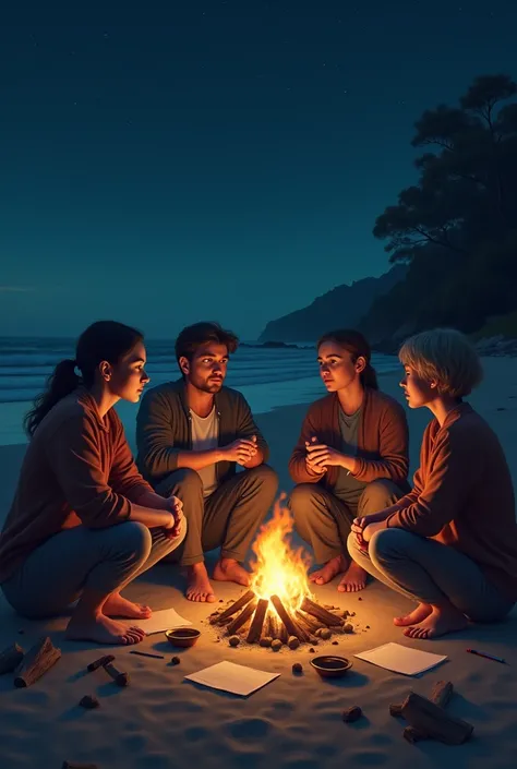 Scene of a group discussing and reflecting around a bonfire at night on the beach, with visible notes and discussions.