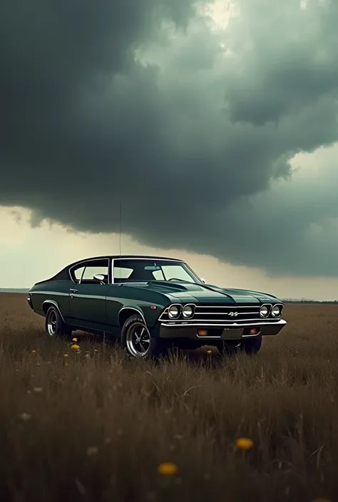 1968 Chevrolet Chevelle car fields background realistic images the sky is full of black cloud