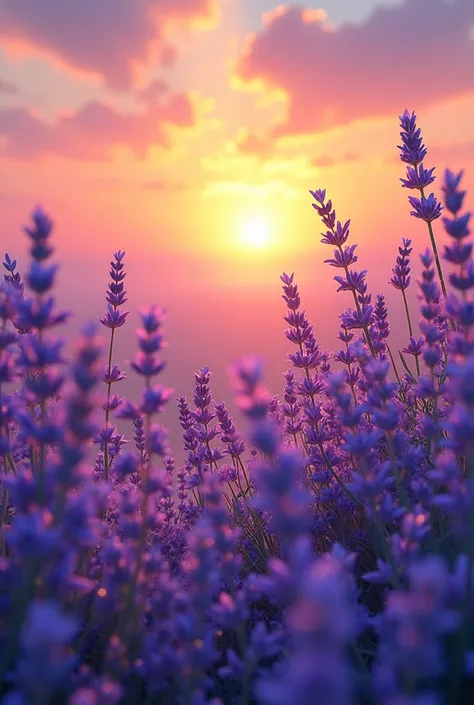 Make the cover for a story with a sunset background and lots of lavender that fills me with life and combines lots of colors but that is not lavender, that is understandable or even inexplicable. 