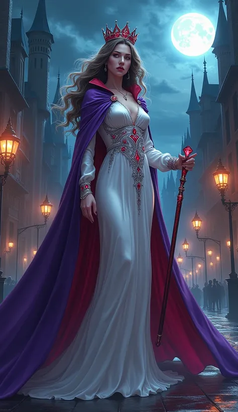 fantasy comic art, RPG art, ultra wide shot of a vampire queen in the big city, a beautiful mature vampire queen, elegant queen, dynamic hair color, dynamic hair style, wearing intricate white silk dress, flowing purple cloak, high heels, holding a red roy...