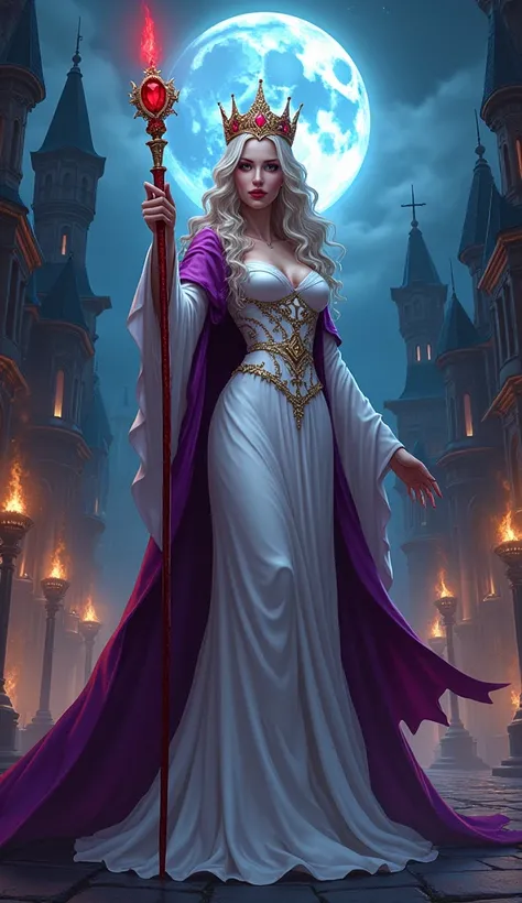 fantasy comic art, RPG art, ultra wide shot of a vampire queen in the big city, a beautiful mature vampire queen, elegant queen, dynamic hair color, dynamic hair style, wearing intricate white silk dress, flowing purple cloak, high heels, holding a red roy...