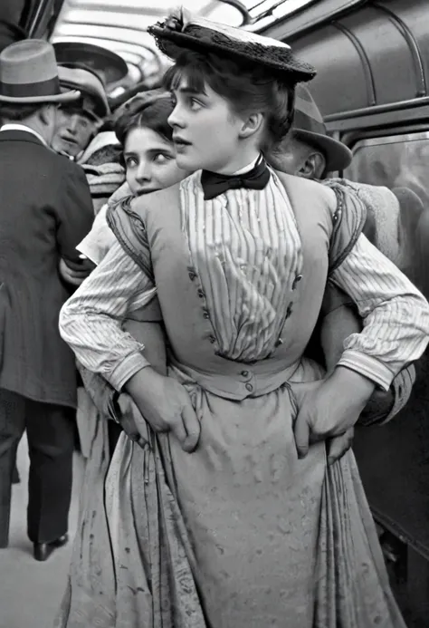 crowded elevated train, new york city, year 1900. lascivious 72yo man hugging his gorgeous 14yo fiancée from behind, grabbing he...