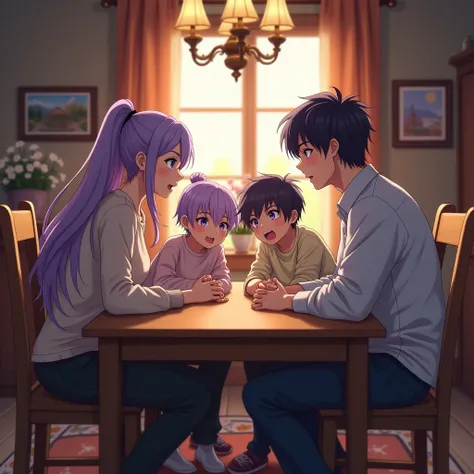 A 30-year-old woman with long, very light purple hair and blue eyes,A 3 man with short, straight dark purple hair and dark purple eyes,A boy with very light purple ponytail hair and blue eyes and a boy with straight dark purple hair and dark purple eyes, a...