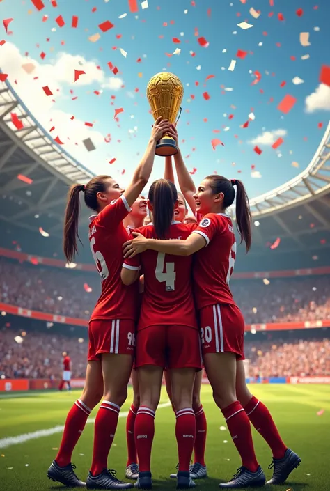 (photorealism:1.2), 
Create an image of female football players winning team lifting a trophy, celebrating with confetti falling, fans cheering in the background, and players embracing each other in joy."