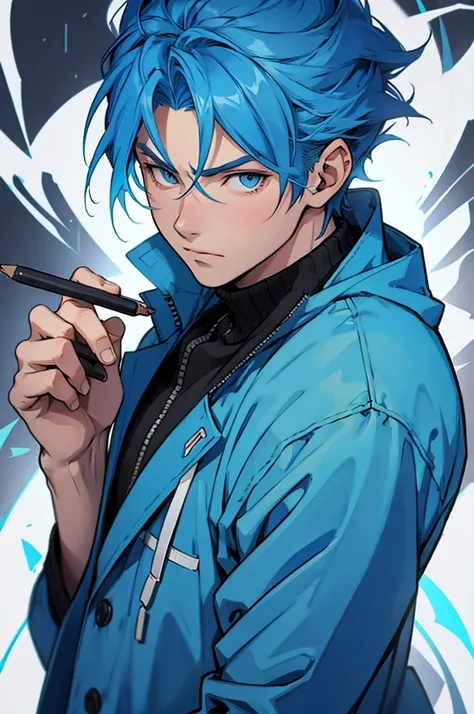 boy drawing in anime style, with blue hair and coat, Kinda serious