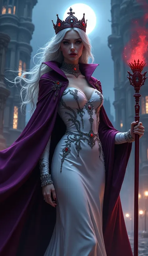 fantasy comic art, RPG art, ultra wide shot of a vampire queen in the big city, a beautiful mature vampire queen, elegant queen, dynamic hair color, dynamic hair style, wearing intricate white leather dress, studded with black diamonds,  flowing purple clo...