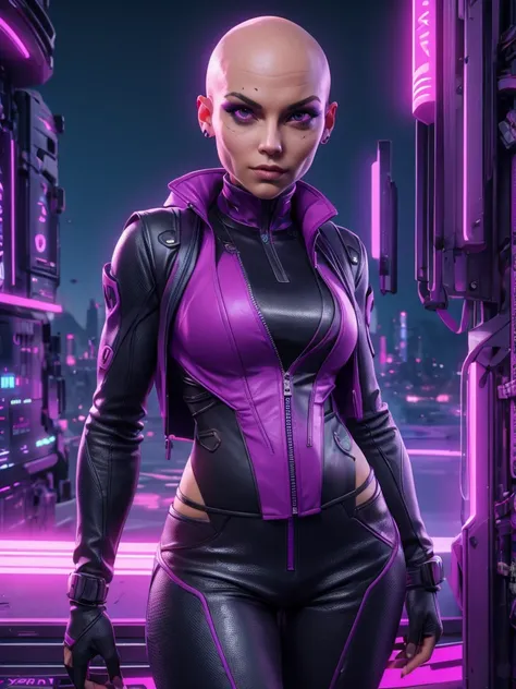 slim female bald hacker, in purple vest and leather cooling suit, Xtreme, breasts, medium breasts, open vest, dirt on her clothes and face, black costume, dramatic lighting, realistic colors, highres, vivid colors, stunning neon city landscape background, ...