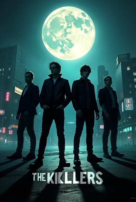 Generate an image of the musical group The Killers with a moon and a city in the background, add name below