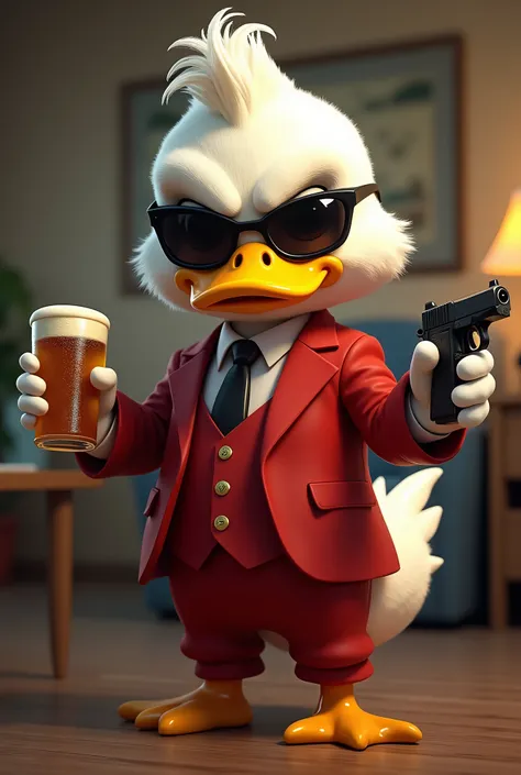 a chibi white duck mafia boss wearing sunglasses smirking, In a red Suit, Holding a Beer in the right hand, a gun in the  left hand, in an office, detailed facial features, 1 character, hyper realistic, cinematic lighting, dramatic poses, highly detailed, ...