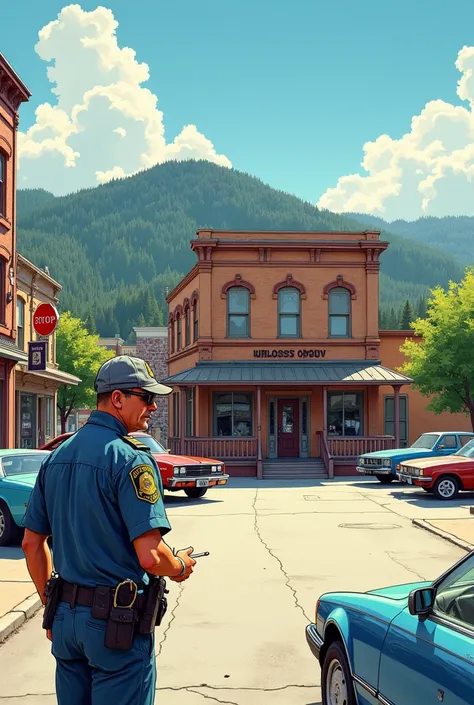 landscape, the sheriff&#39;s office of a small American town lost in the mountains, sur une place, surrounded by other buildings, quelques voitures modernes sont garées sur le bitume devant lentrée, dans un coin lun des policiers prend sa pause en fumant u...