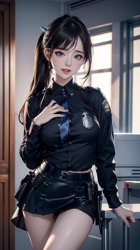 highest quality, table top, ultra high resolution, (realistic:1.4), Raw photo, 1 girl, (((Police uniform miniskirt))),topless with chest sticking out, sparkling eyes,long pony hair, indoor, Summer day,fine eyes,(realistic eyes),delicate face,real skin,thin...