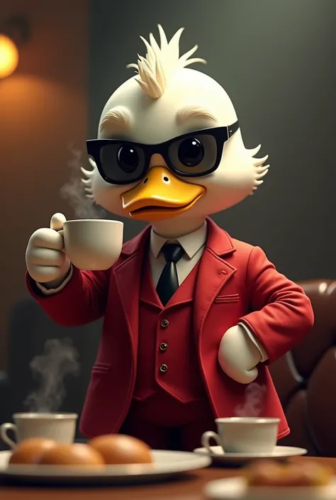 a chibi white duck mafia boss wearing sunglasses smirking,detailed facial features,expressive eyes,intricate suit details,holding a coffee cup,having breakfast,red suit,high quality,photorealistic,8k,hyperdetailed,dramatic lighting,cinematic,concept art