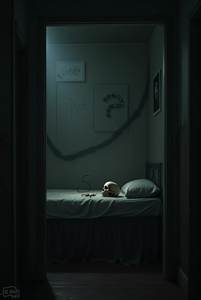 A room, with a door frame a picture on the wall a bed a door and a skull and a table with something written on it "5 days"