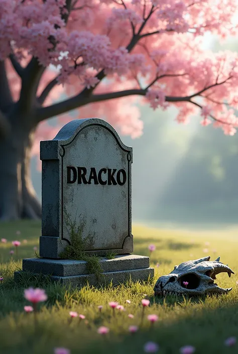 tombstone with "Dracko" writen on it , with a sakura behind in a sunshine. a dragon skull next the tombstone