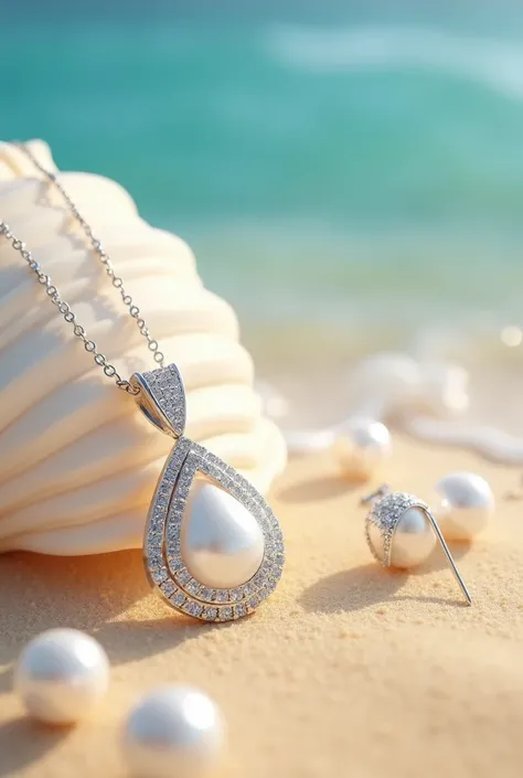 "Design a hyper-realistic image featuring a small pear-shaped silver pendant, measuring no more than 7 by 9 millimeters, with a round pearl in the center and a diamond-studded border. The pendant leans against a real seashell for support, surrounded by sca...