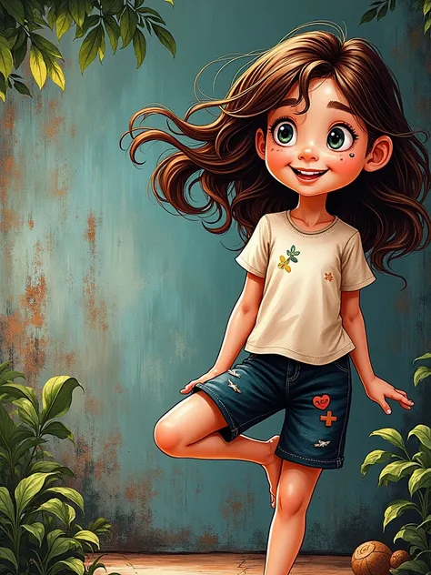 Child  long brown hair slightly wavy fair skin tall thin happy and smiling likes vibrant colors nature gymnastics very intelligent and affectionate pixar style