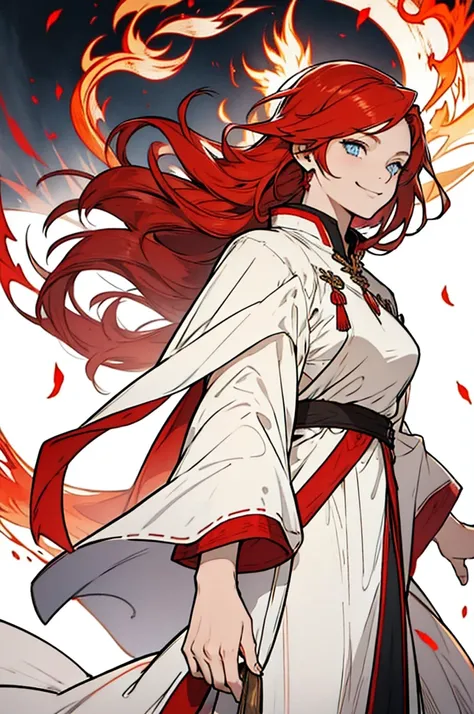 a young woman, red hair of flames and blue eyes, surrounded by flame, with a gentle smile and living in her hands a flame, she wear a long white priest tunic.