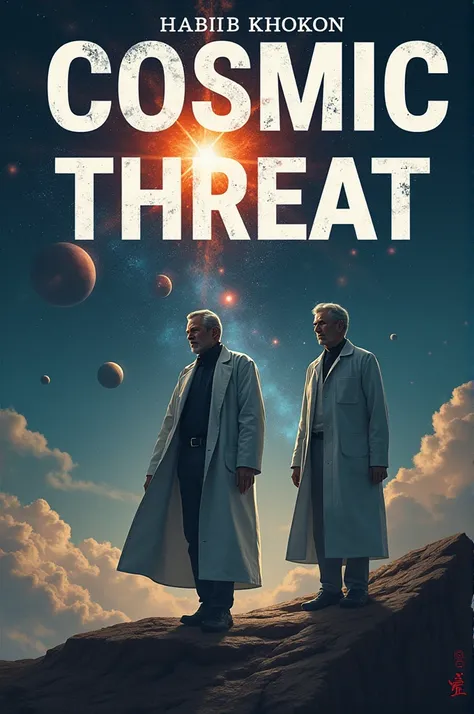 I want to make a science fiction thriller book cover. The book will be called Cosmic Threat. The author is Habib Khokon. The title of the book and the name of the author should be on the cover. The cover features a 50-year-old scientist and his 30-year-old...