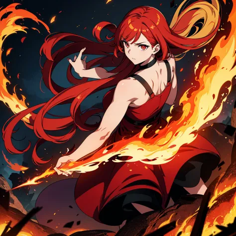 Create a high-resolution anime-style image of a woman with long, fiery red hair, seen from behind, facing a horde of demons. The scene is filled with intense flames and chaos, creating a dramatic atmosphere. The woman stands boldly amidst the fire, with he...