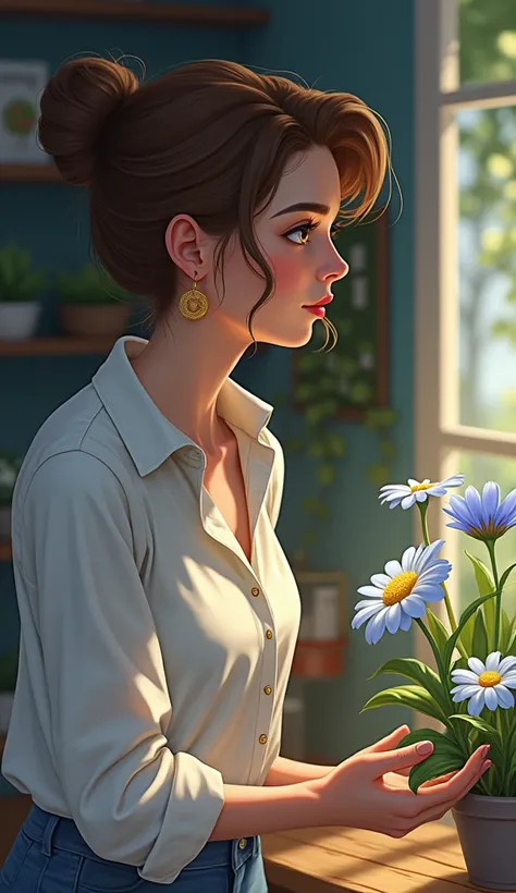 Laura with her hair up in brown color picked up a small white and blue flower, and the next day, The flower began to multiply in his shop. 