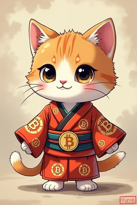 Cool meme kitten dressed in a kimono with the BTC emblem