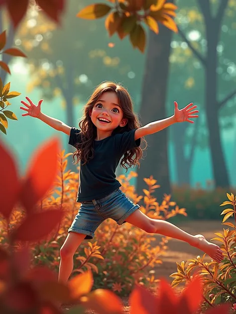 Child  long brown hair slightly wavy fair skin tall thin happy and smiling likes vibrant colors nature gymnastics very intelligent and affectionate pixar style