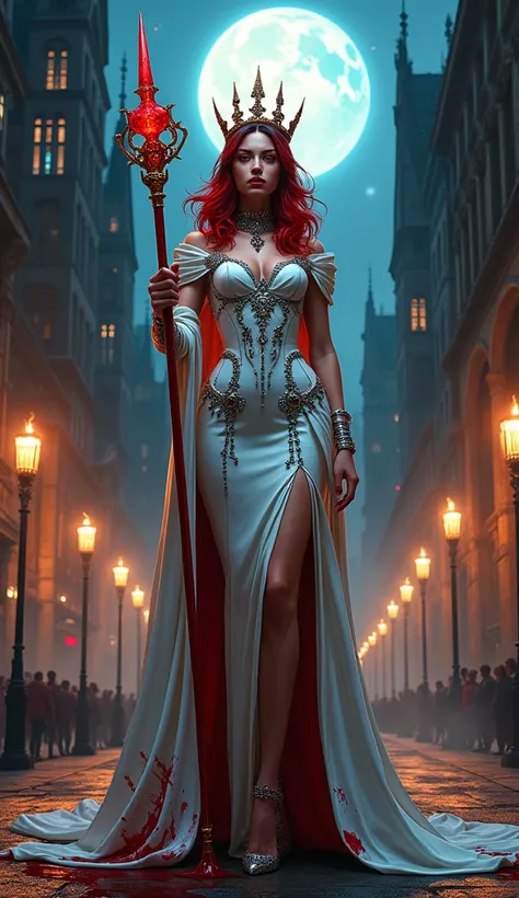 anime  fantasy comic art, ultra wide shot of a vampire queen in the big city, a beautiful mature vampire queen, elegant queen, dynamic hair color, dynamic hair style, wearing intricate white leather dress, dress stained with blood,  studded with black diam...