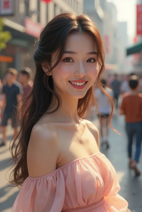 ((Best quality, 8k, Masterpiece :1.3)), 1girl, smiling, full body, slim face, Pretty woman, (Dark brown hair), full length dress :1.1, Ultra-detailed face, Detailed eyes, Double eyelid,  blur background, slim face, city, outside, street,  