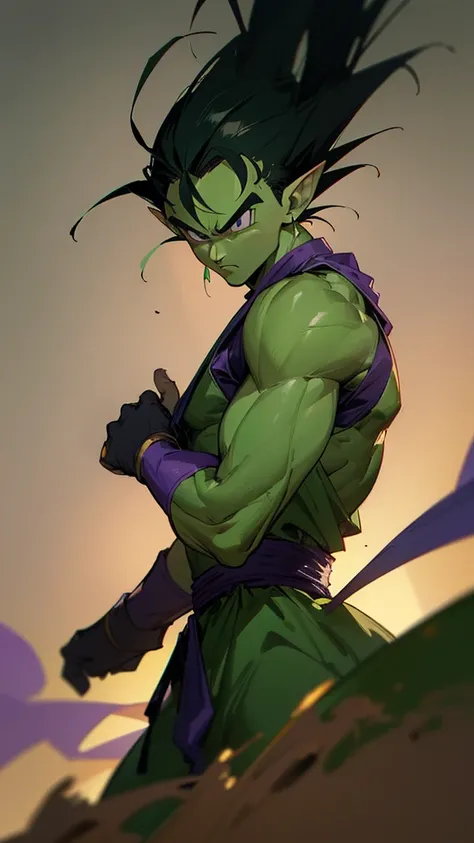 A man with green skin, pointy ears, and an antennae, wearing a purple gi, in a dramatic fighting pose, dragon ball style, hyperrealistic, cinematic lighting, highly detailed, 8k, masterpiece