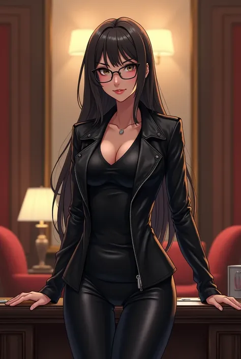 Anime Bank boss woman In latex leggings ,leather Jacket and glasses undefined, undefined, undefined, undefined, undefined, 