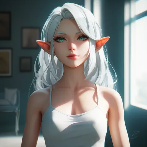 frieren, green eyes, white hair, 1girl, 4k, hd, room, looking at the viewer, repaired eyes, correct anatomy, natural colors, anime, artgrem, from front, standing, marvelous, long hair, white camisole, pointy ears