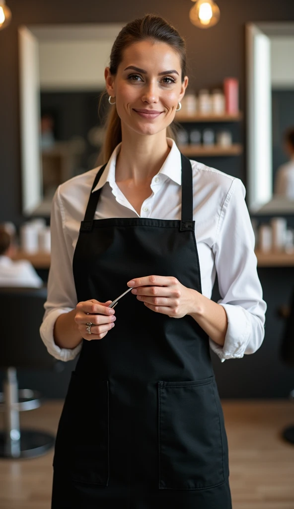 

Prompt: "A portrait of a woman working in a beauty salon, confidently holding eyebrow tweezers in her hand. She is smiling slightly and dressed in professional yet stylish attire, such as a black apron over a casual outfit. The salon background features ...