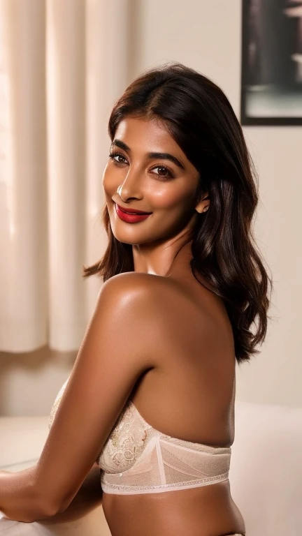 (Pooja hegde), araffe woman, above waist photo
(best quality, ultra-detailed, photorealistic: 1.39), bright and vibrant colors, studio lighting, romantic expression, Beautiful in white open wet shirt ,showing her black bra with lace details showing deep cl...