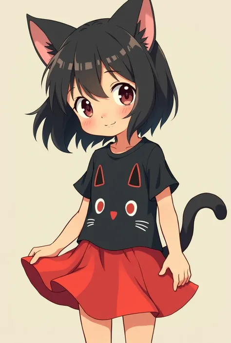 Please draw a short girl in a black t-shirt with a cat face (jiji face from kiki home deliveries) red skirt above the knee, with dark shoulder length hair