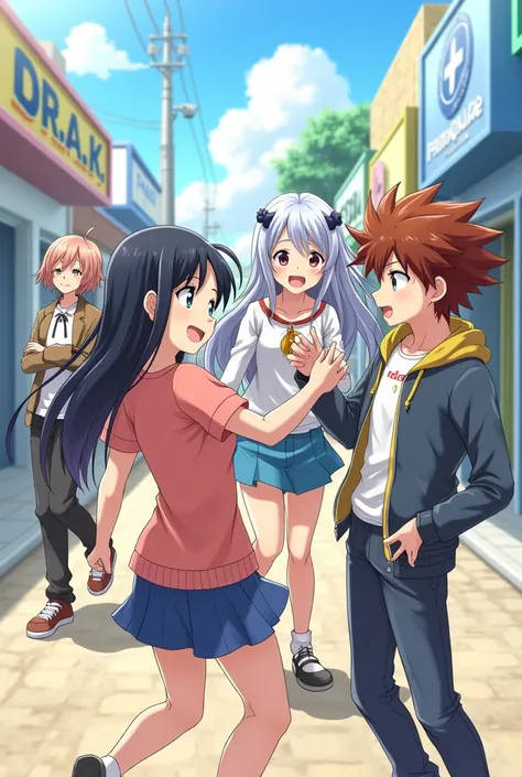 5 anime teenagers, two girls and 3 boys 