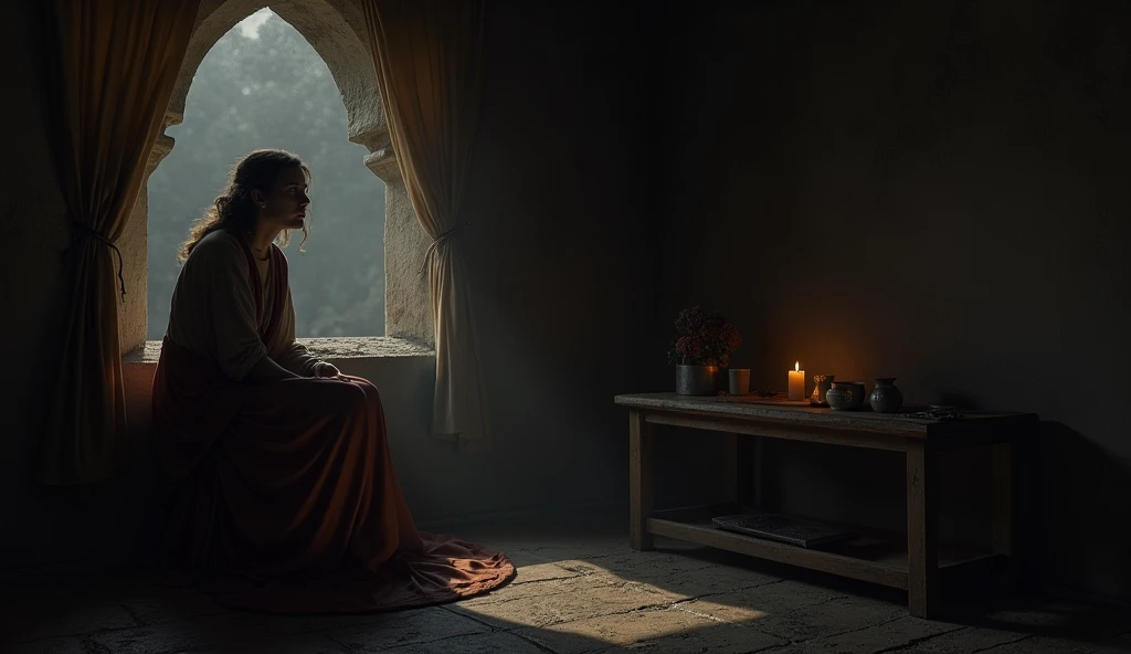 
6. Xanthippe’s Mourning After Socrates Death:

Xanthippe is sitting alone in the same modest house, looking out of a window, mourning Socrates’ death.

The room is dark, her face filled with sorrow and regret, with a small table featuring simple items lik...