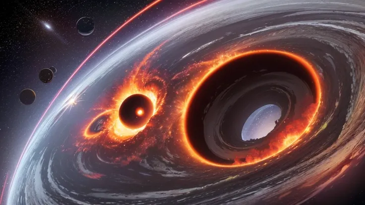 a giant black hole is sucking the sun into the center of the galaxy in a spiral, hyper detail, 64k