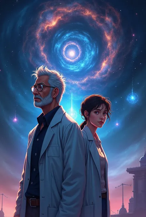 I want to make a science fiction thriller book cover. The book will be called Cosmic Threat. The author is Habib Khokon. The cover features a 50-year-old scientist and his 30-year-old young friend. The pressure of the unknown facts of the universe must be ...