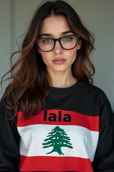 Woman with black glasses wearing a sweatshirt with the flag of Lebanon that says Lala